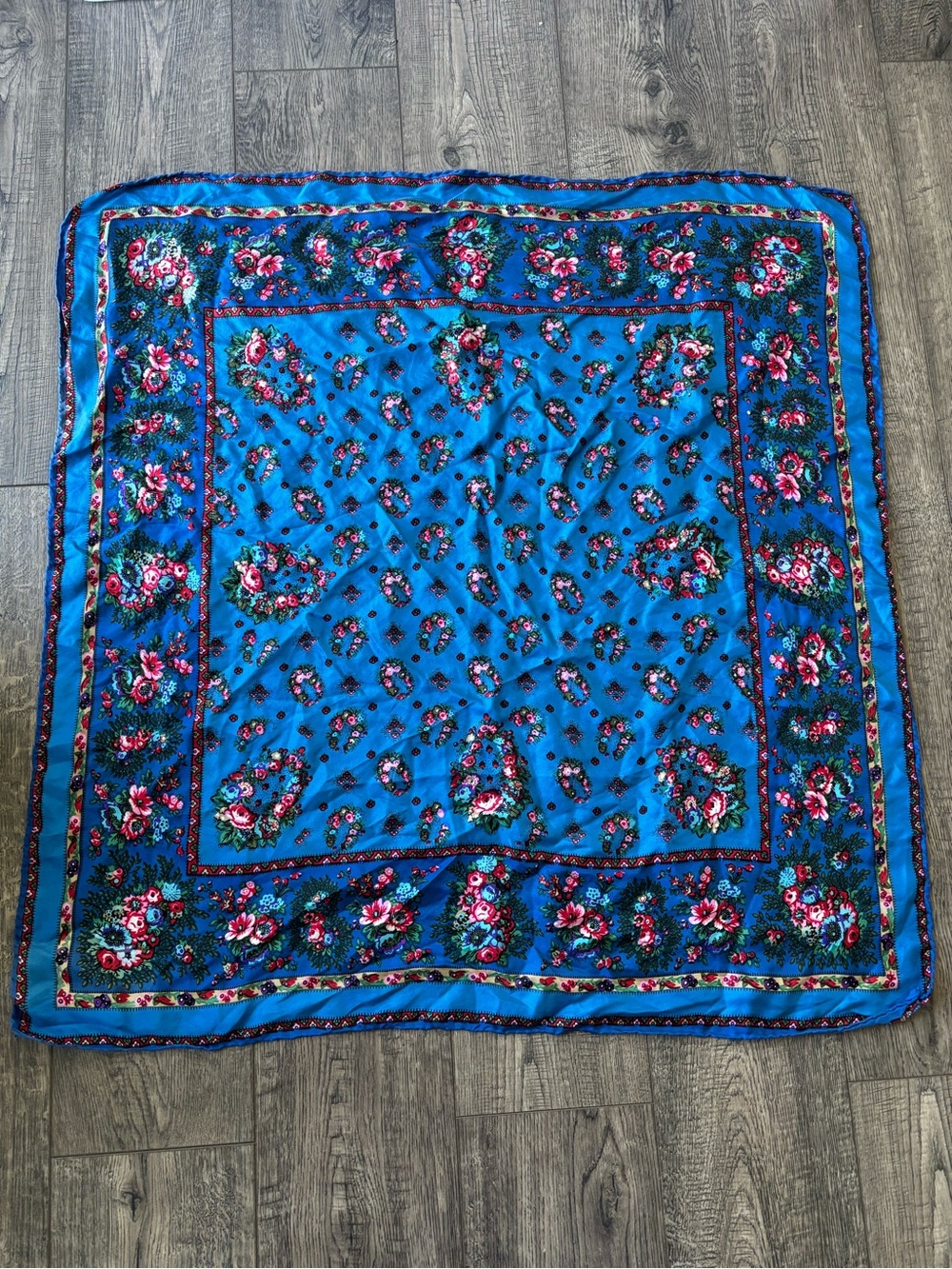 Blue Floral Silk Square Scarf - Unbranded